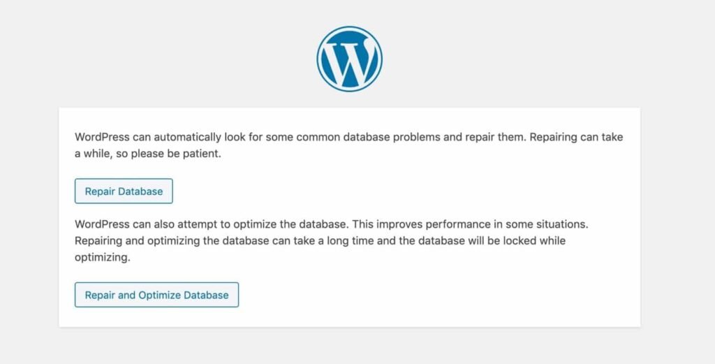 WordPress database repair screen